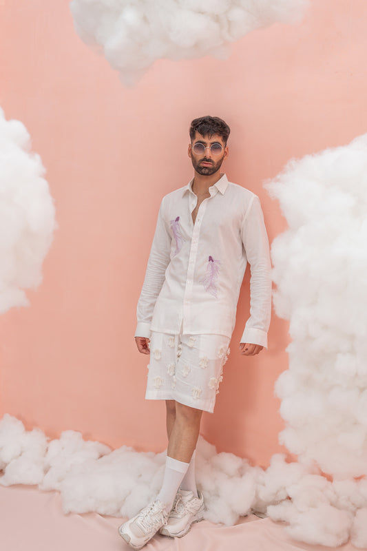 Lilac fish White Linen Cotton hand dyed shirt