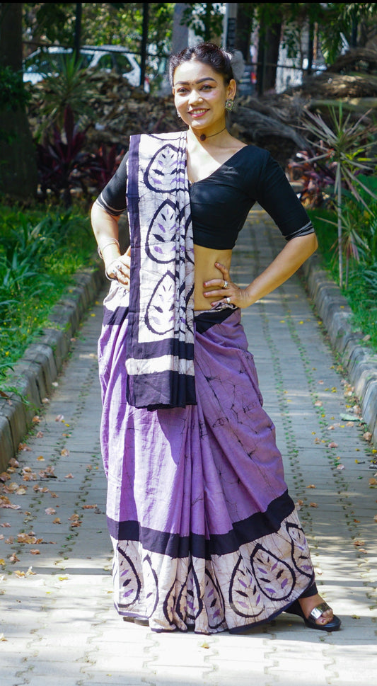 Lavender Love- Handblock Print Natural Dyed - Mulmul Cotton Saree