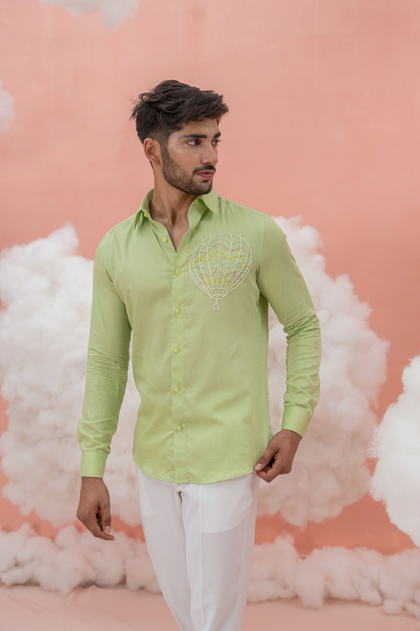 Balloon Light Green Hand Embroidered Vegan Silk vacay shirt