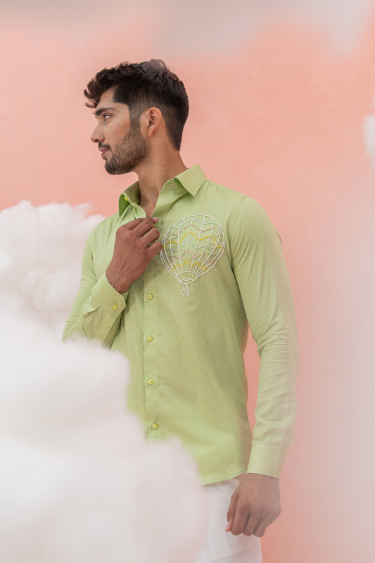 Balloon Light Green Hand Embroidered Vegan Silk vacay shirt