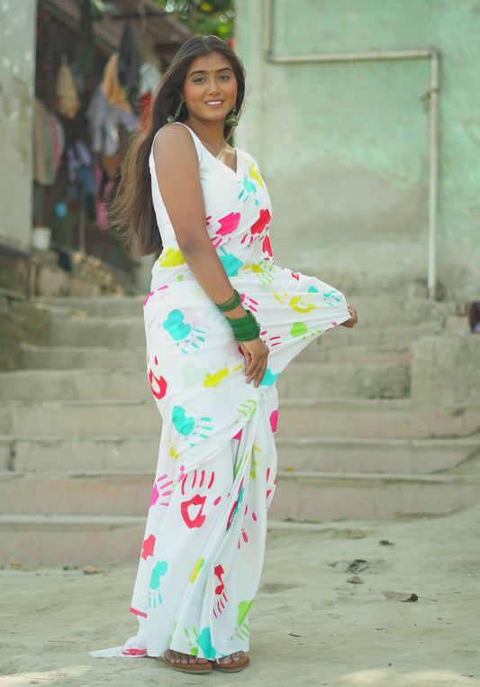Holi Splash White Cotton Mulmul Saree