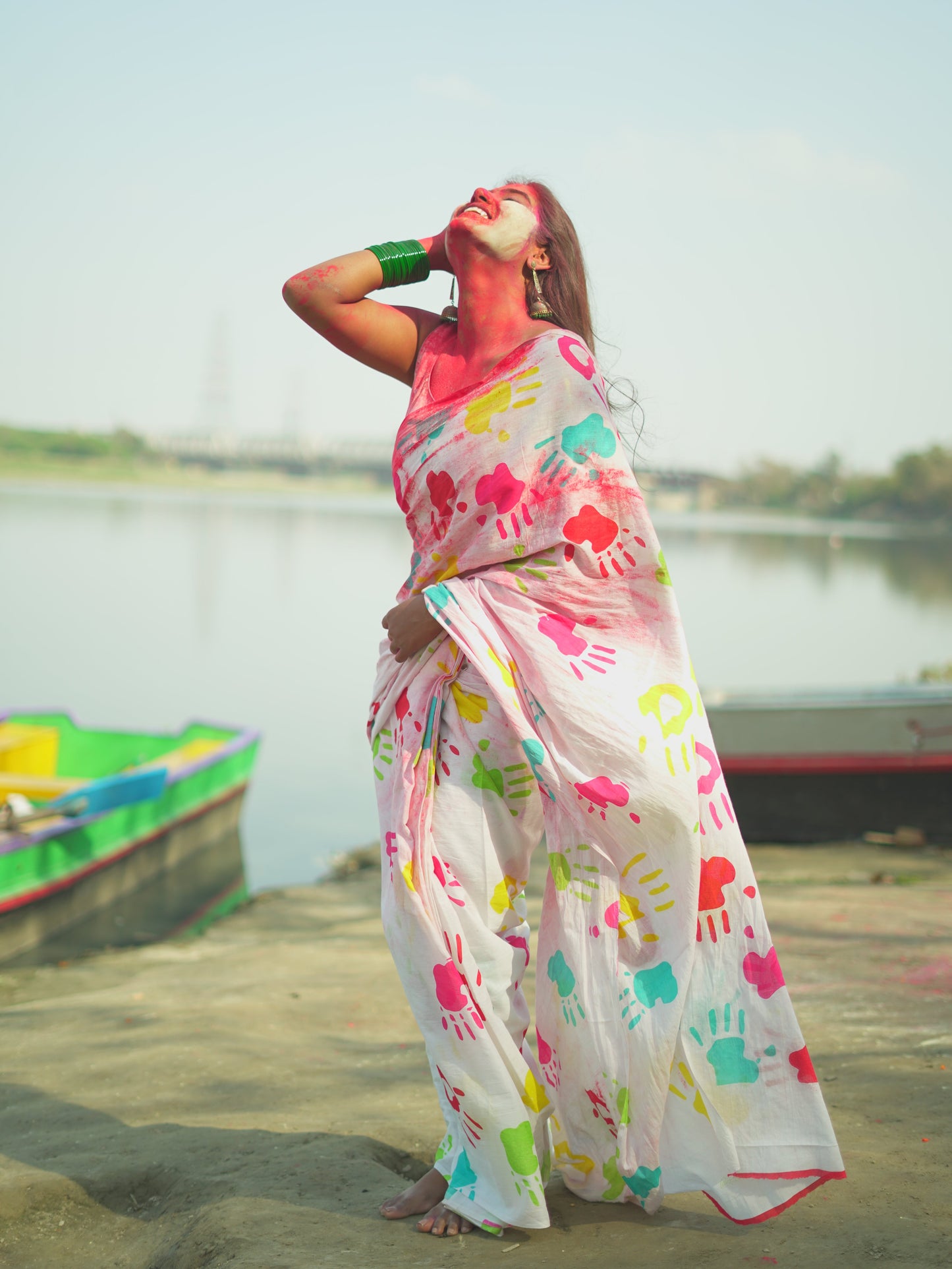 Holi Splash White Cotton Mulmul Saree