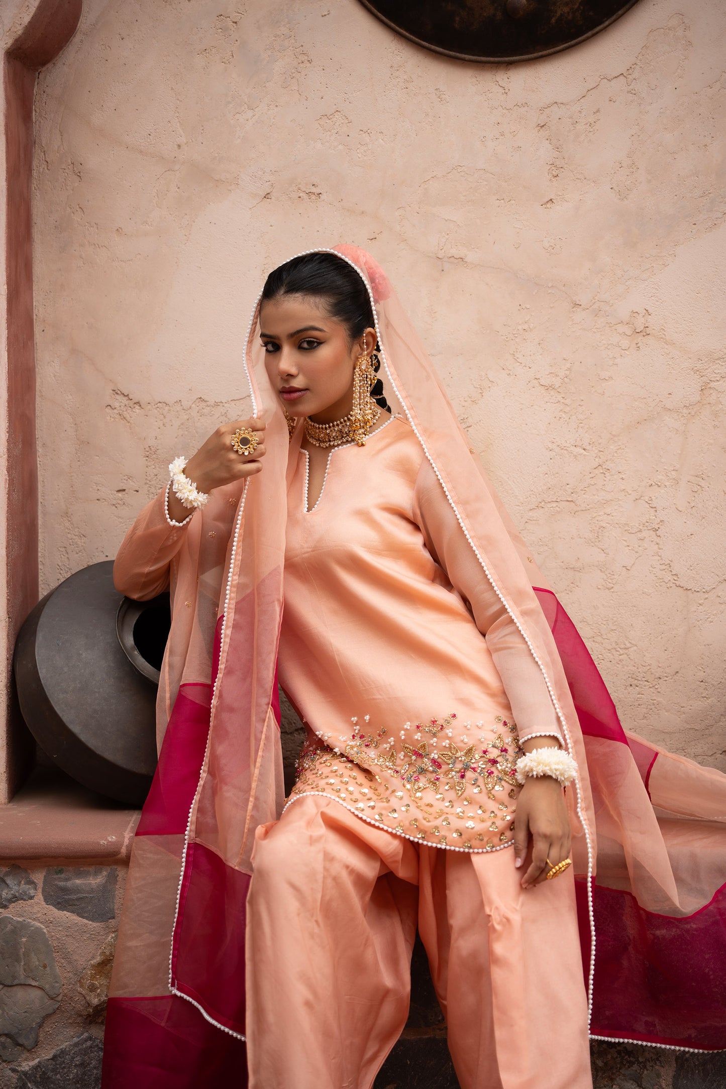 Peach Pink Hand-Embroidered Farshi Set
