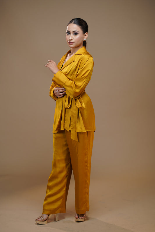 Sunny Yellow Knot Satin Pant Set