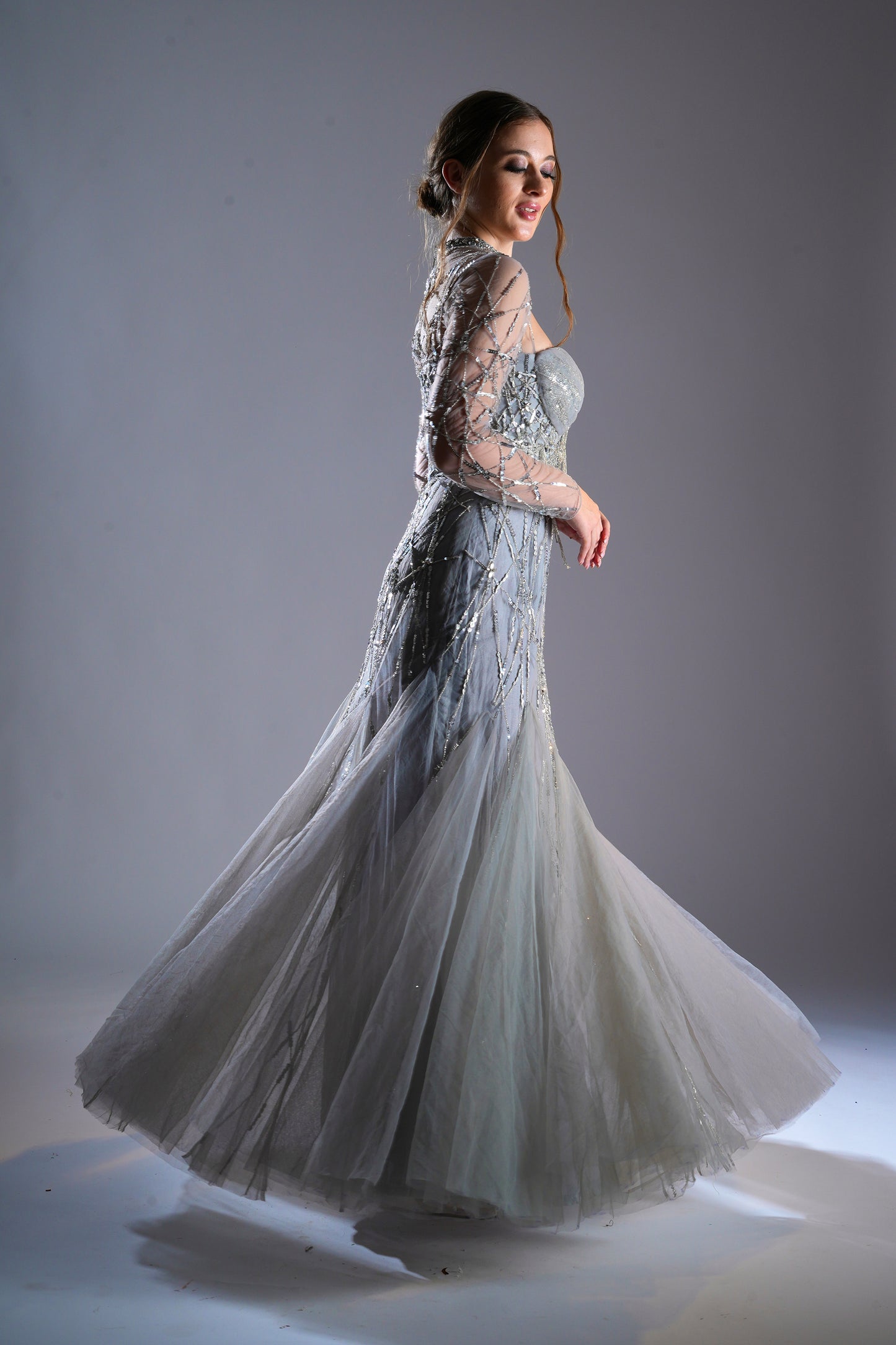 Frosty Slate Silver Tulle Bride's Sangeet Gown