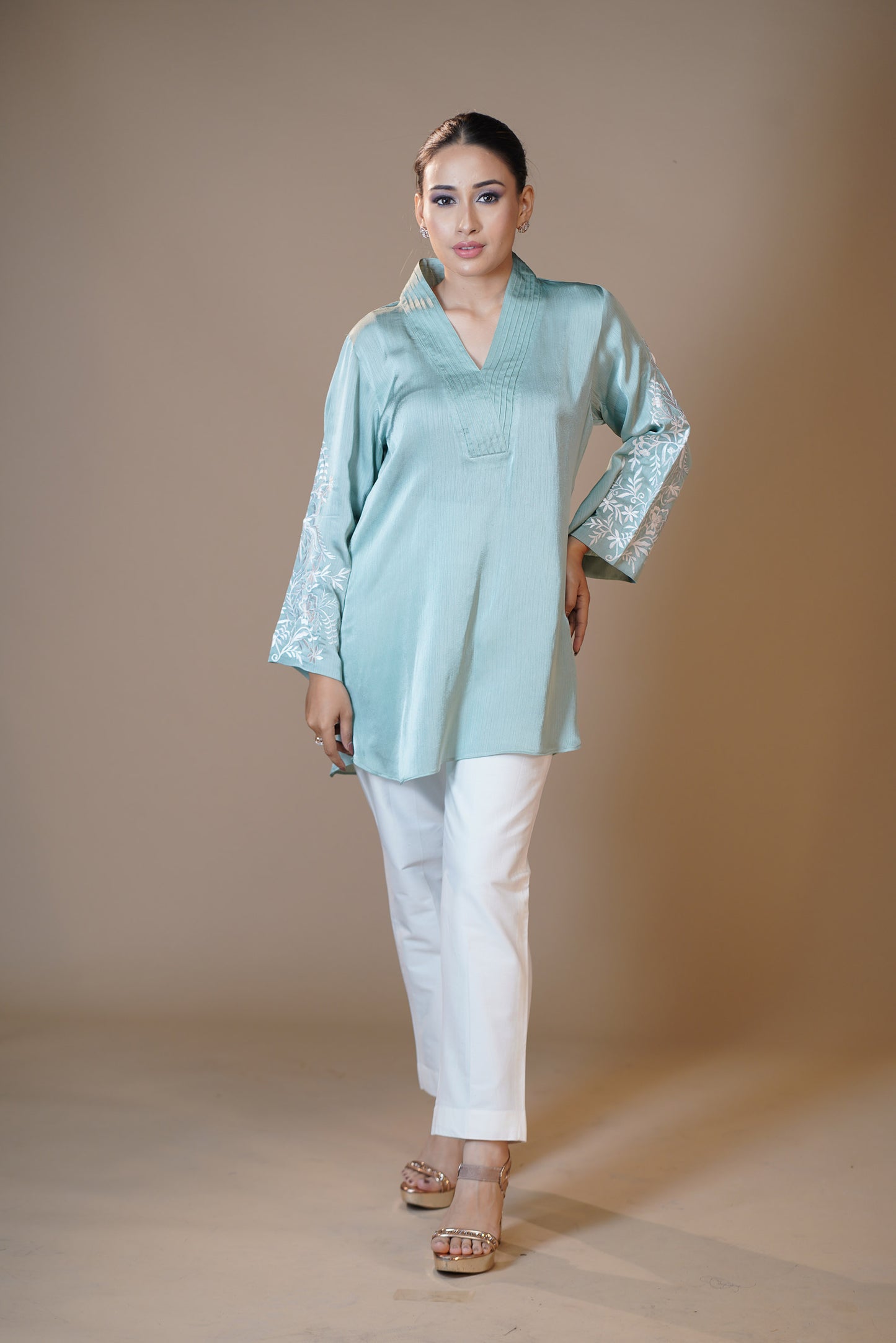 Embroidered Aqua Blue Crushed Satin Pant set