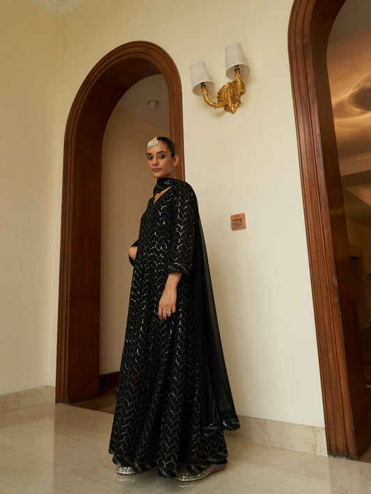 Black Georgette Anarkali Suit With Allover Sequence Work