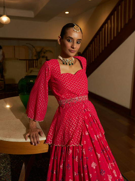 Pink Pure Georgette Foil Printed Skirt Set