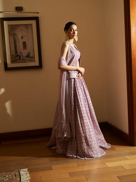 Lavender Pure Georgette Foil Printed Skirt Set