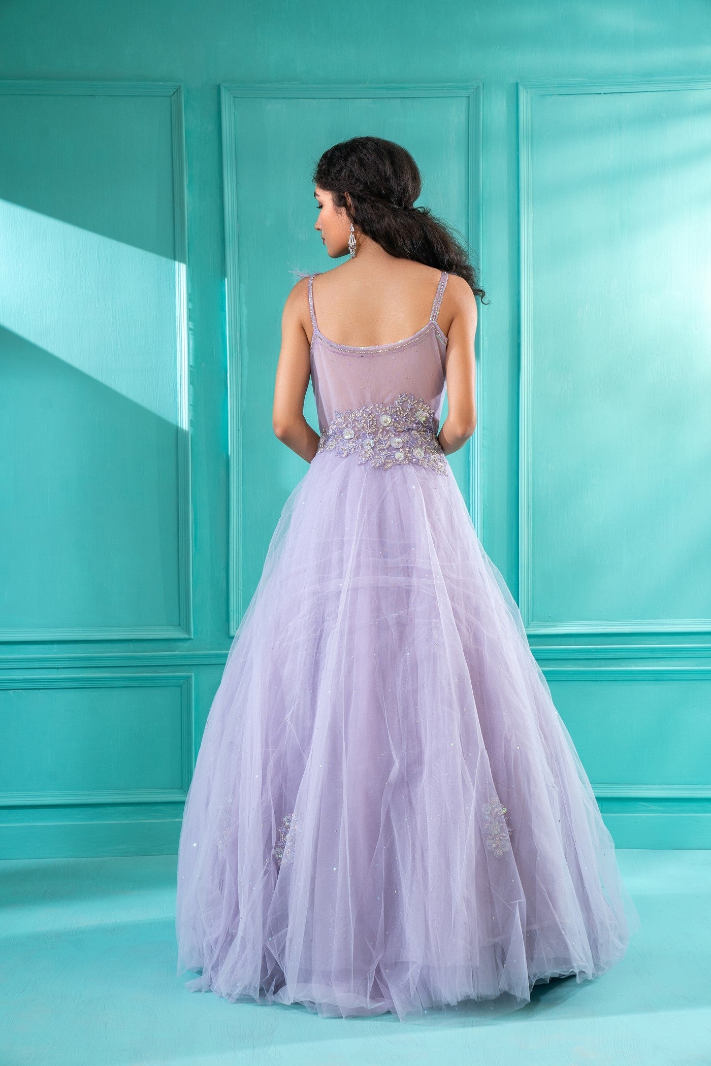 Lavender Sequins Embroidered Tulle Flared Gown