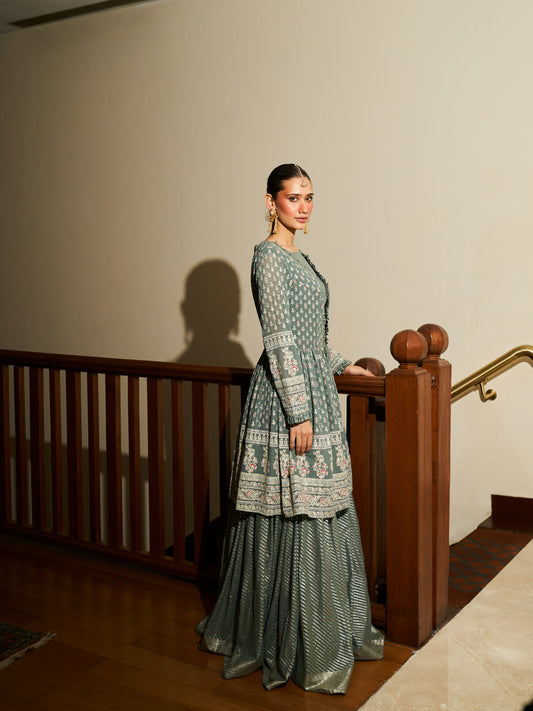 Pure Georgette Foil Printed Shrug With Skirt Set