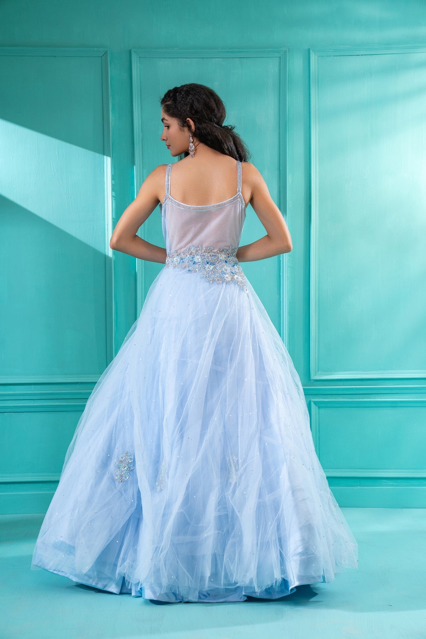 Pastel Blue Sequins Embroidered Tulle Flared Gown