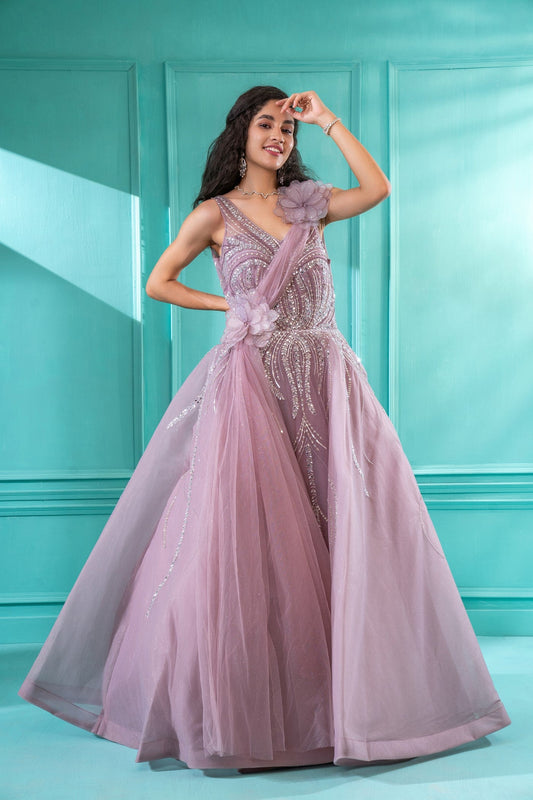 Opera Mauve Sequins Embroidered Umbrella Gown