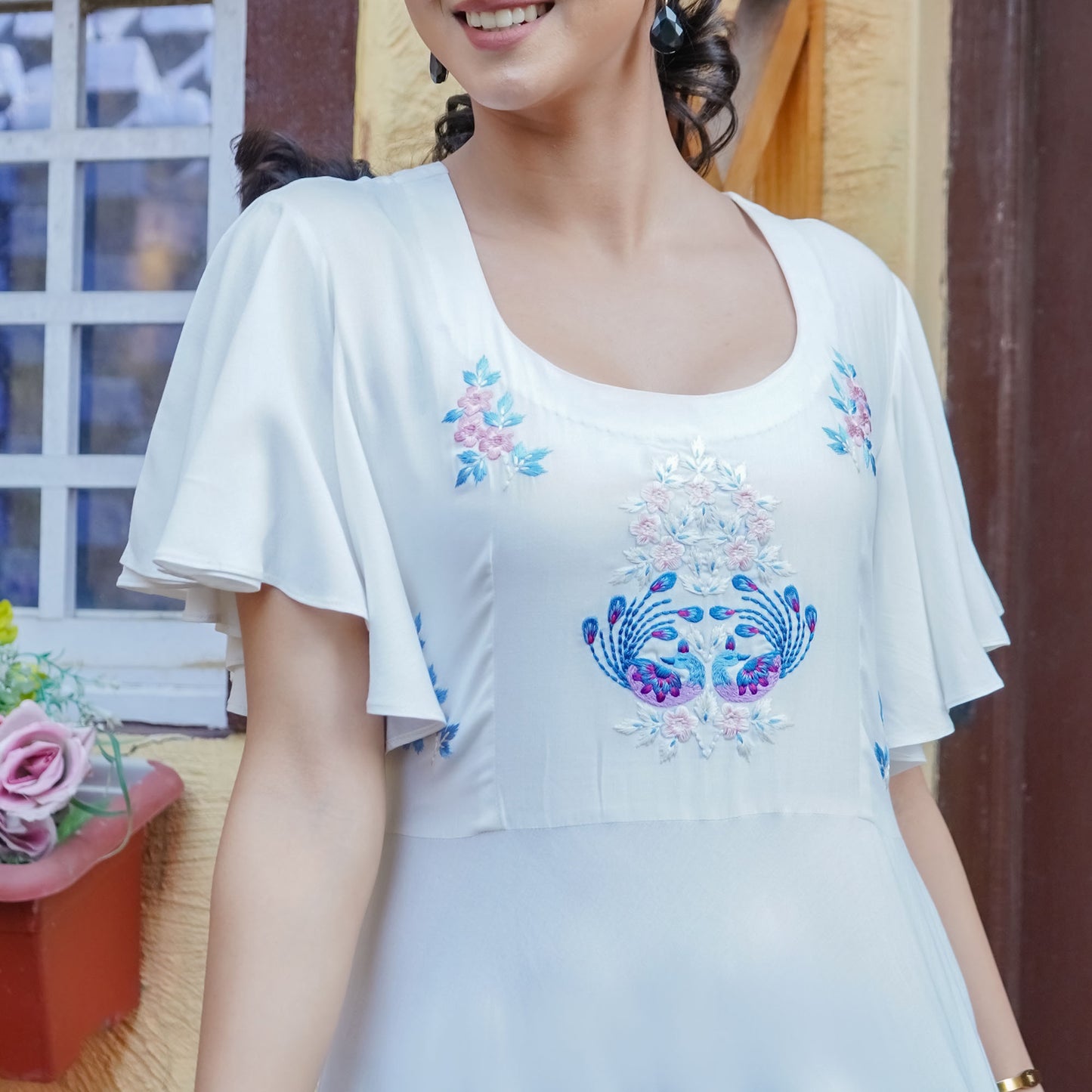 White Cotton Flower Thread Embroidery Flared Dress