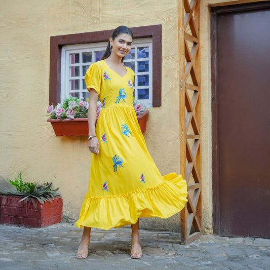 Yellow Cotton Peacock Thread Embroidery Flared Dress