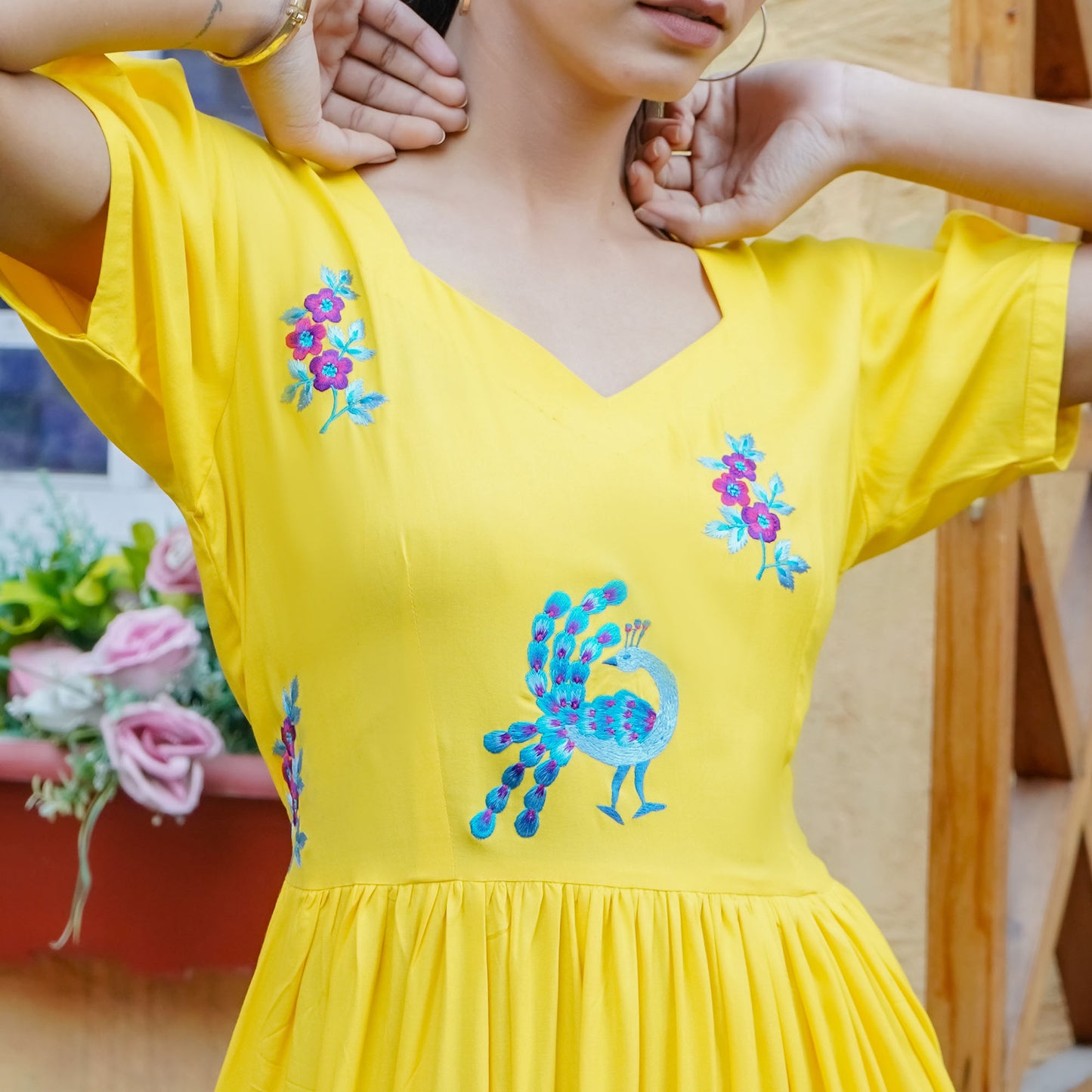 Yellow Cotton Peacock Thread Embroidery Flared Dress