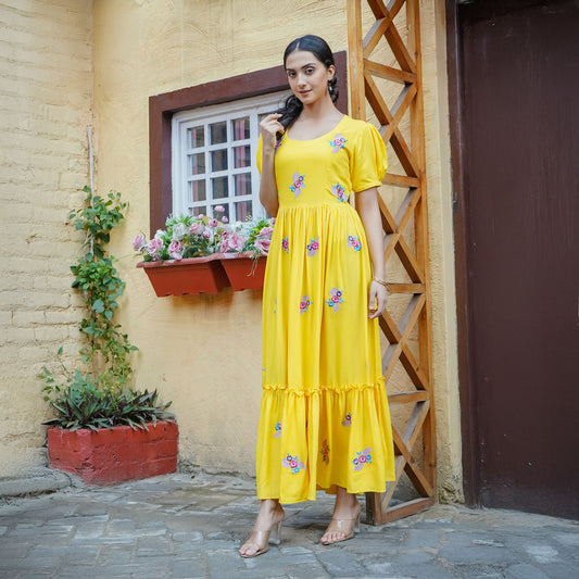 Yellow Cotton Flower Thread Embroidery Flared Dress