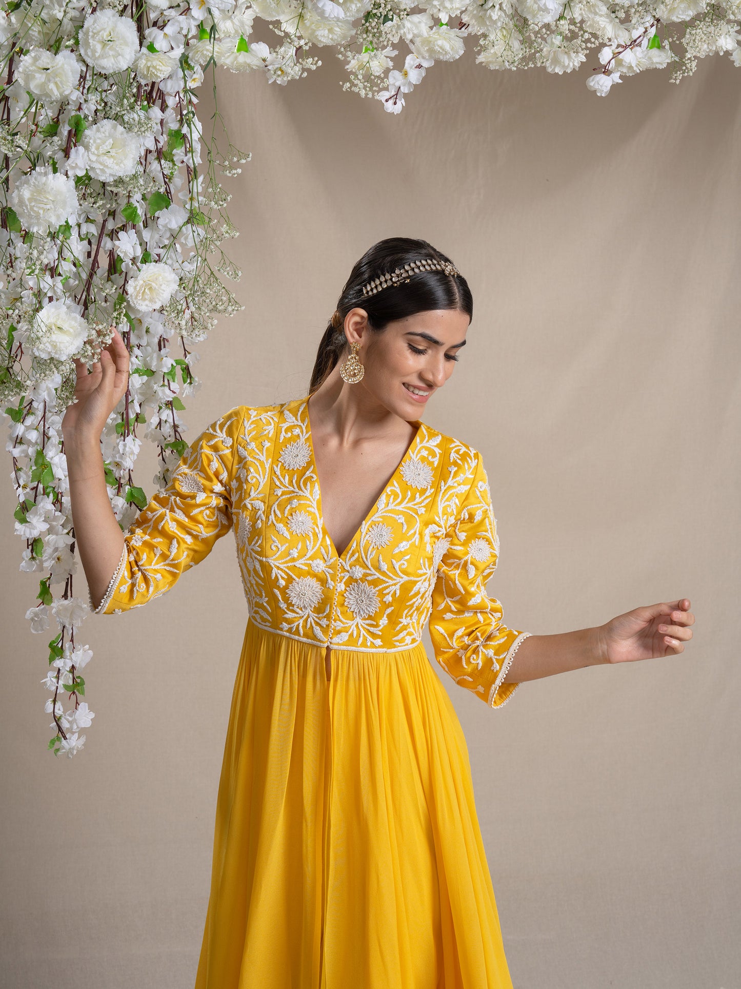 Yellow Dori Work Jacket Set With Applique Flowers