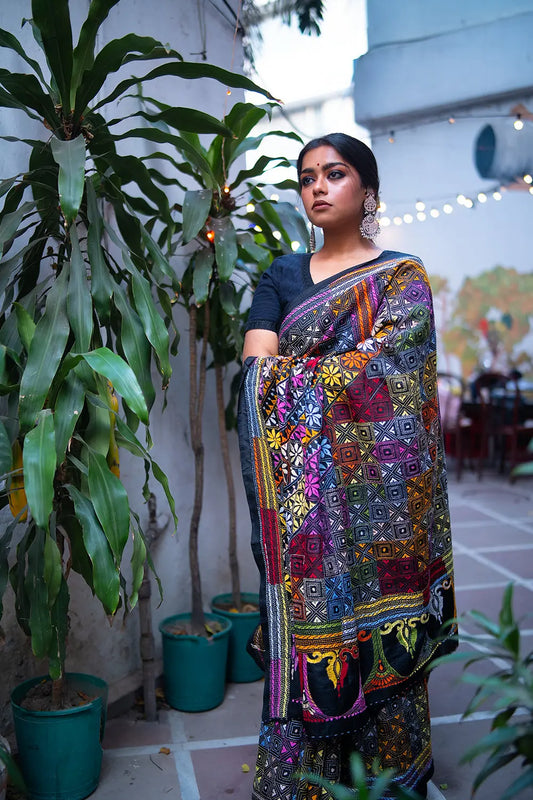 Handloom Black Pure Silk Kantha Saree