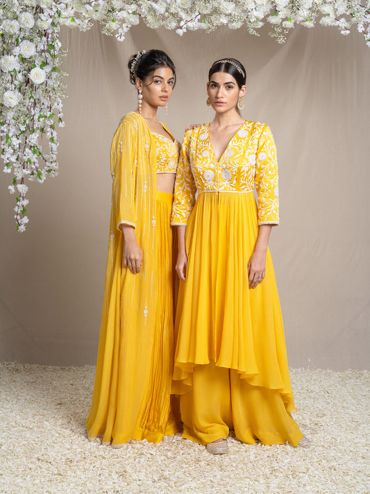 Yellow Dori Work Jacket Set With Applique Flowers