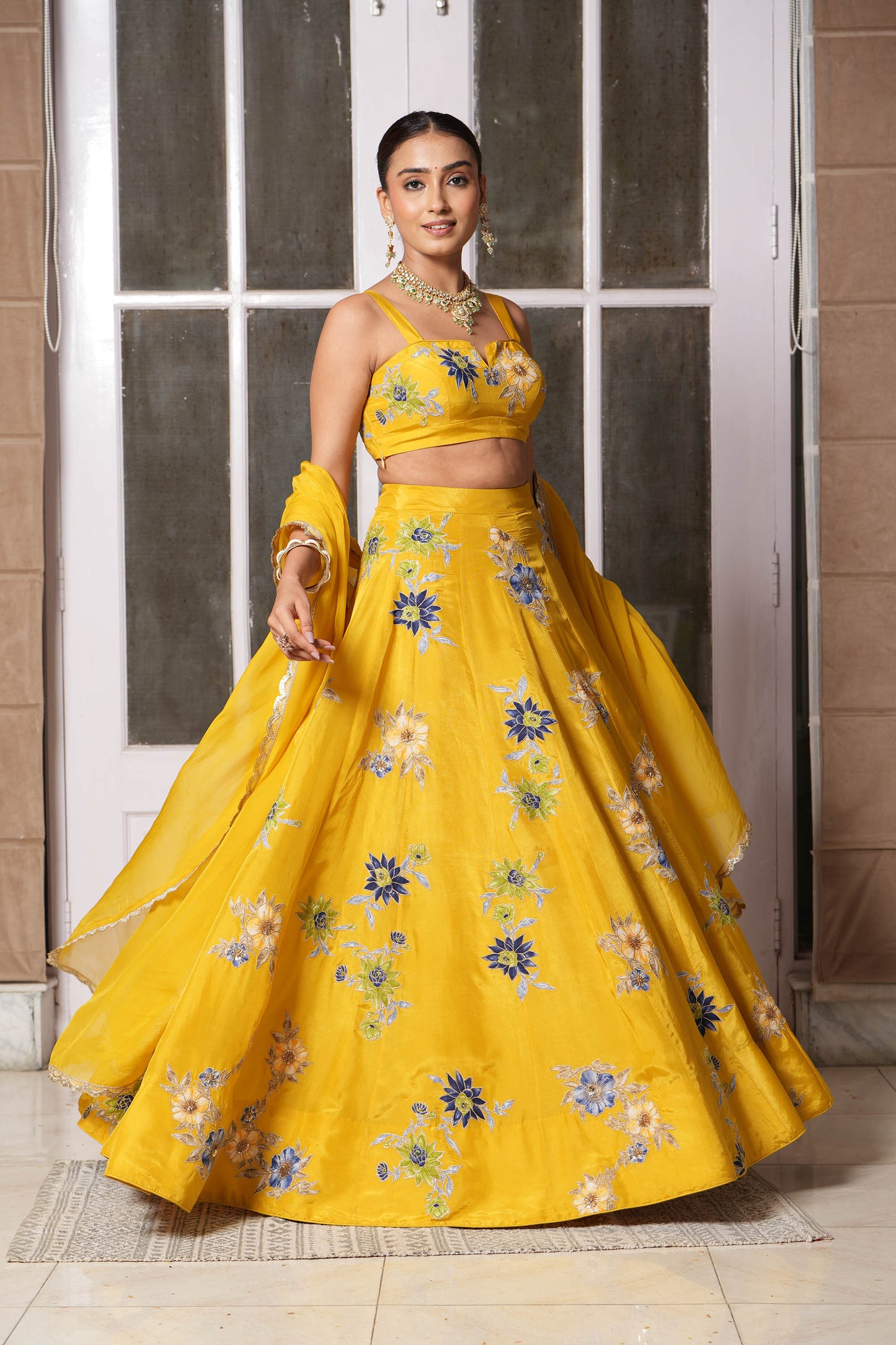 Mustard Applique Floral Haldi Lehenga Set for Bride
