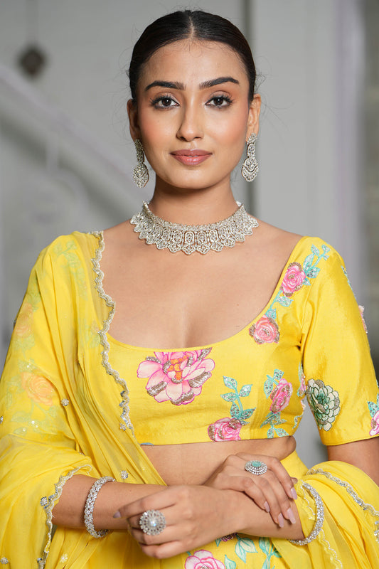 Empire Yellow Applique Lehenga Set for Bridesmaid