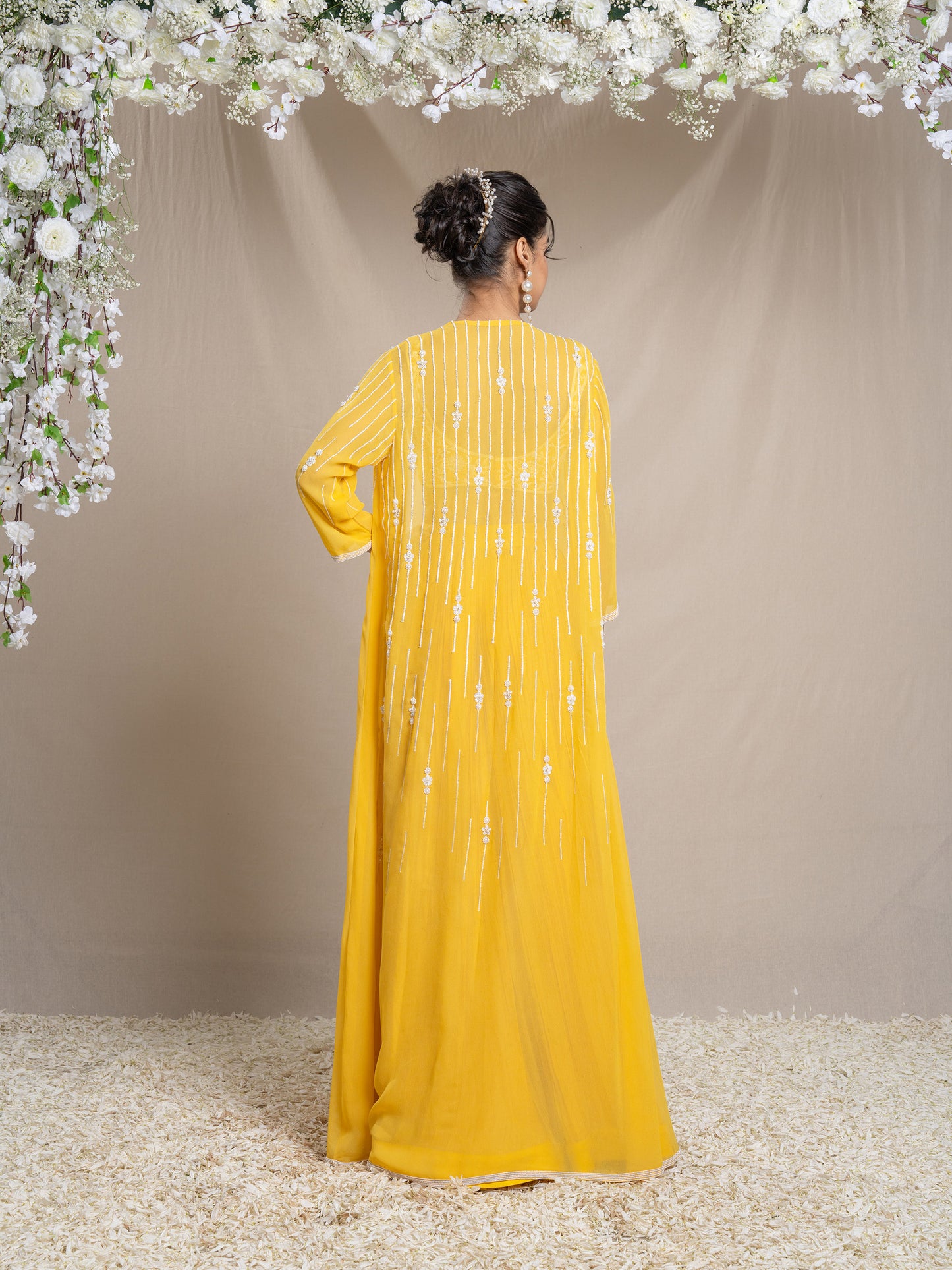 Yellow Dori Work Cape Set With Bustier And Palazzos