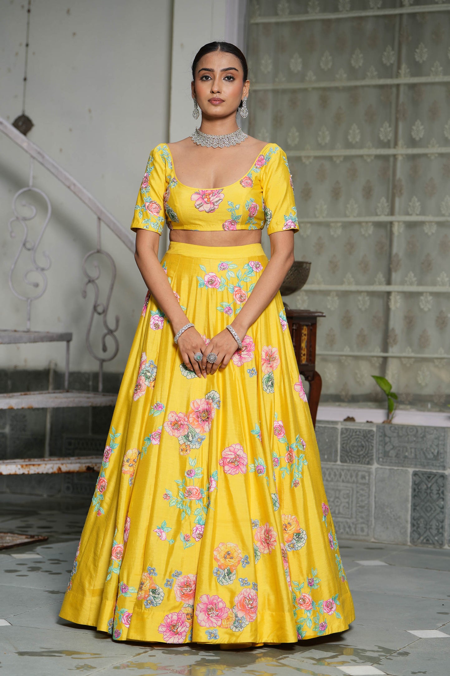 Empire Yellow Applique Lehenga Set for Bridesmaid