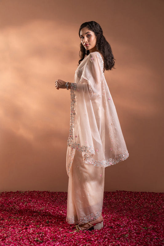 Petal Pink Saree In Organza With Sequence, Moti & Threadwork