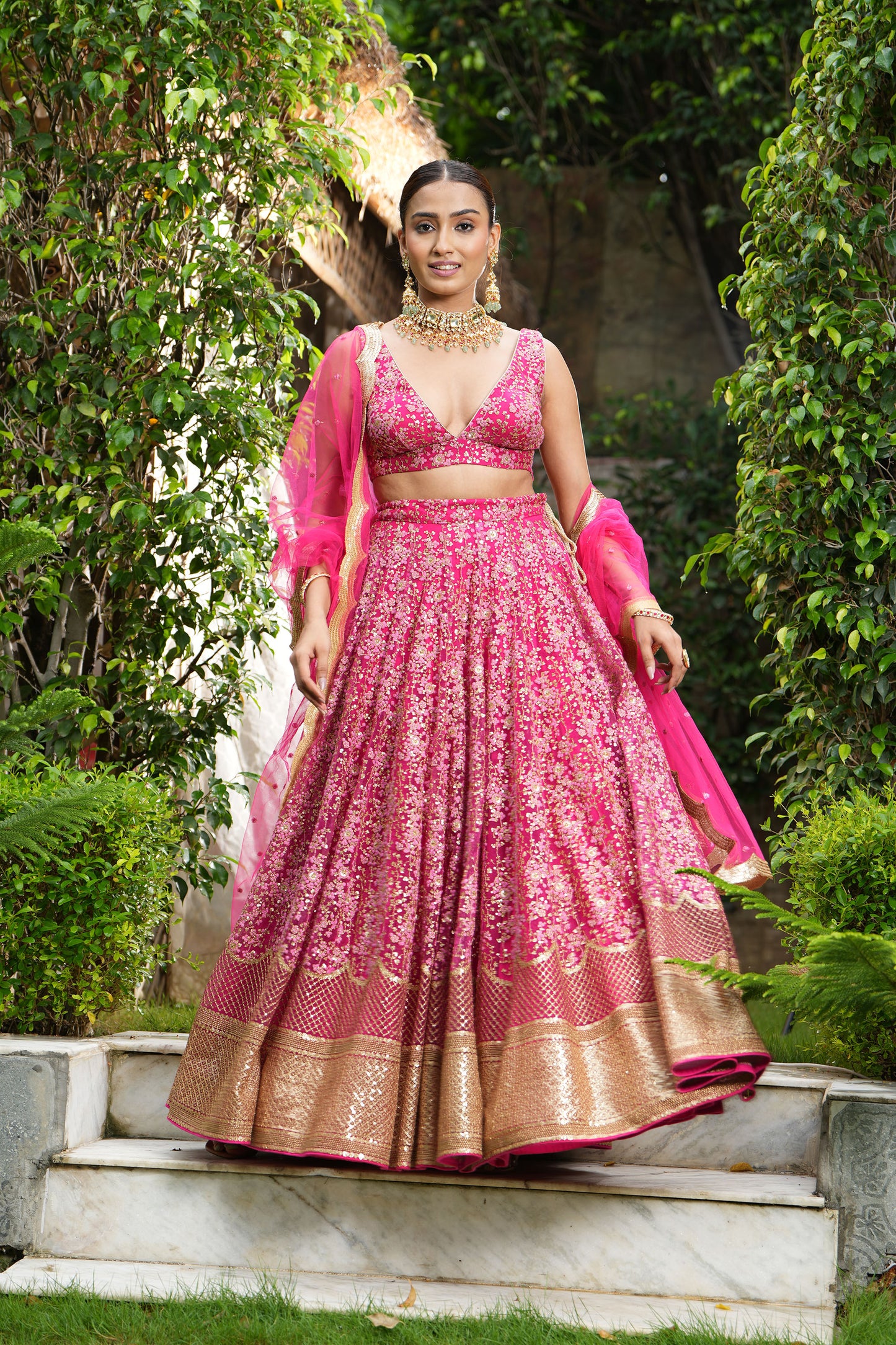 Deep Pink Embroidered Bridal Lehenga Set for Reception