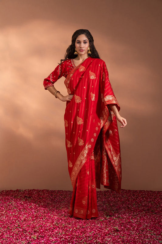 Crimson Red Banarasi Saree In Banarasi Silk wih Zari & Moti Thread-Work.