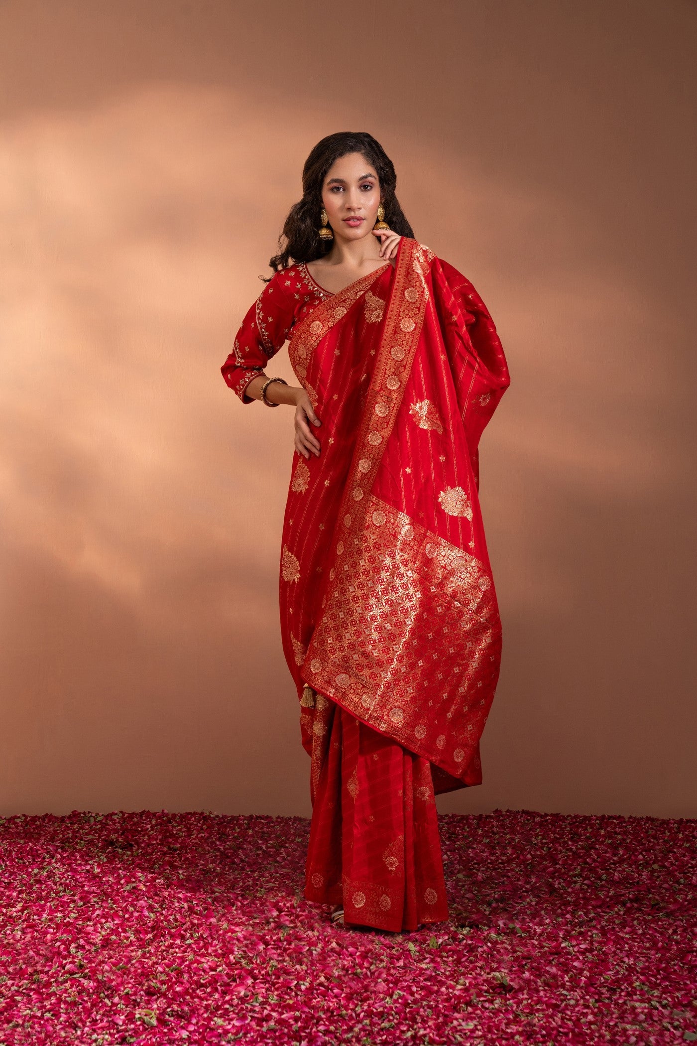 Crimson Red Banarasi Saree In Banarasi Silk wih Zari & Moti Thread-Work.