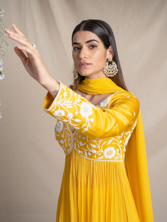 Yellow Anarkali Set With Matching Pants And Dupatta