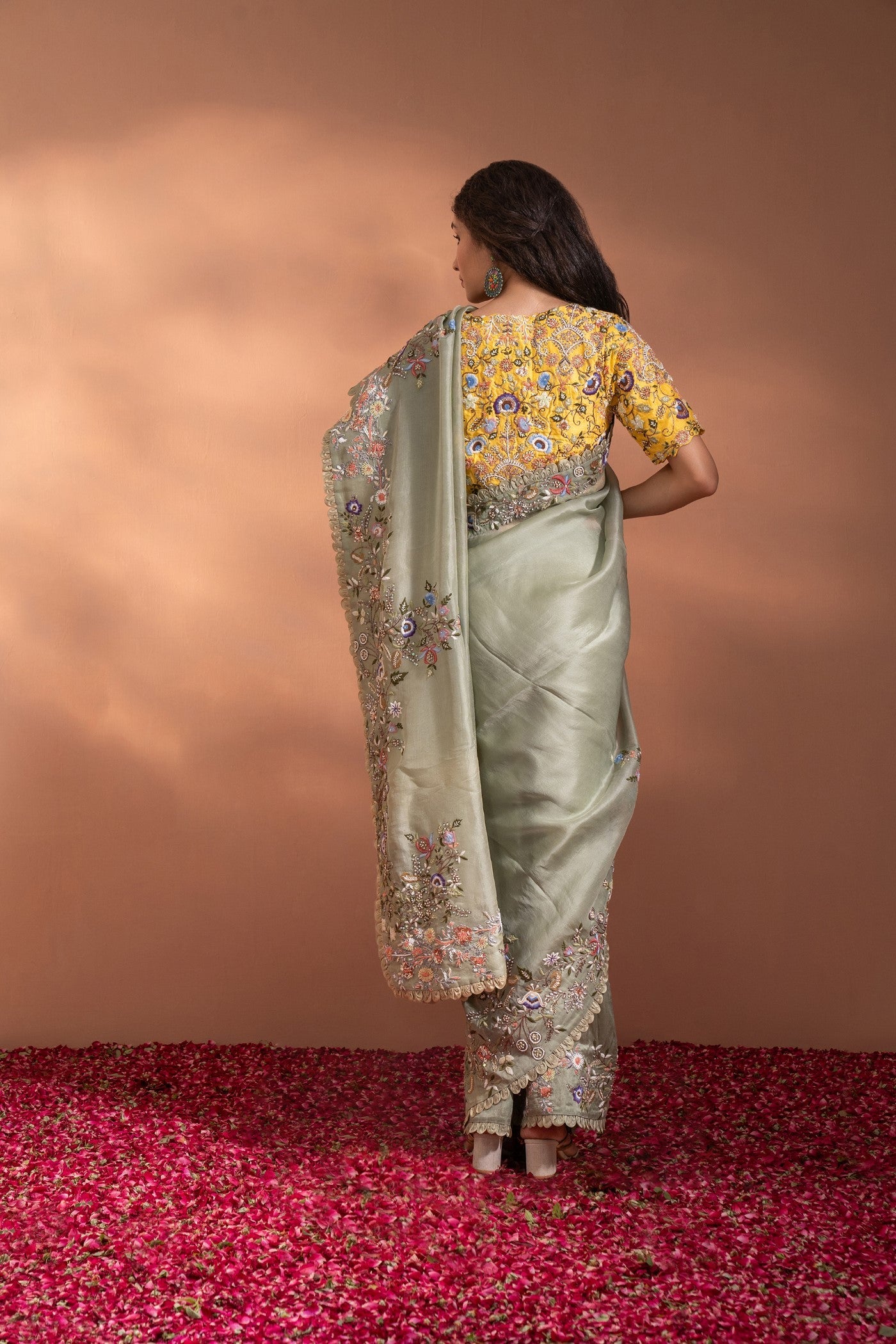 Sage Green & Yellow Saree In Organza With Sequence, Moti & Threadwork.