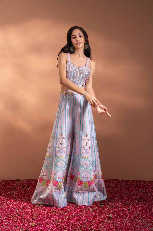 Multi-Colour Festive Jumpsuit Set in Silk with Side Cut-Outs