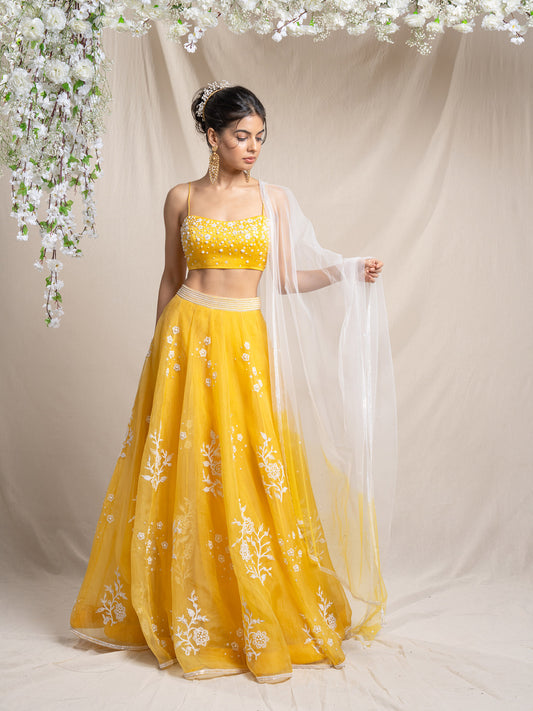 Yellow Organza Lehenga Set - Sanjev Marwaaha