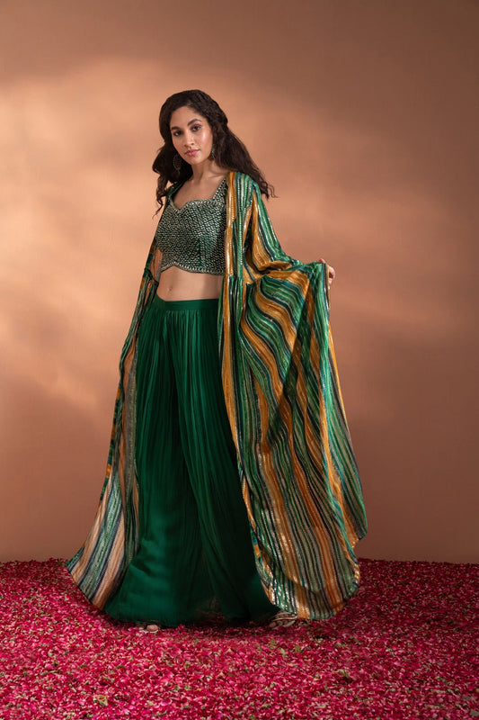 Pine Green Palazzo Crop-Top Set In Georgette With Shrug