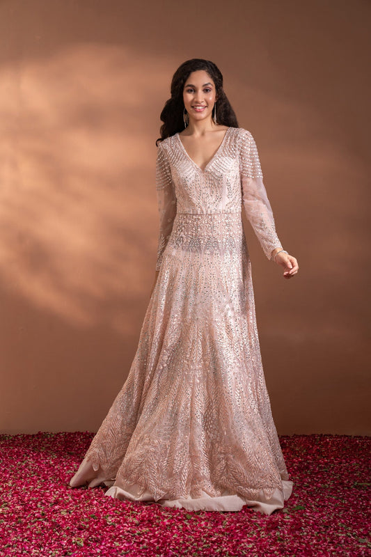 Light Peach Sequins Embroidered Umbrella Gown