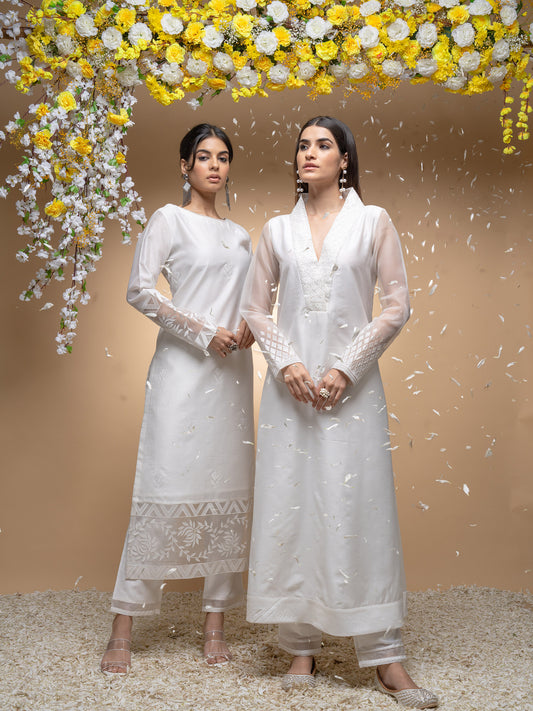 Ivory Chanderi And Organza Floral Applique Kurta Set