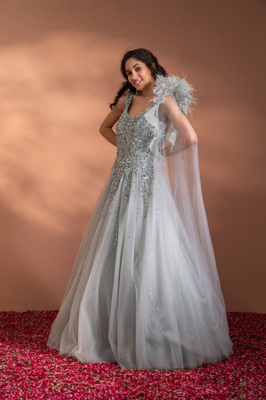 Smoke Grey Sequins Embroidered Flared Gown