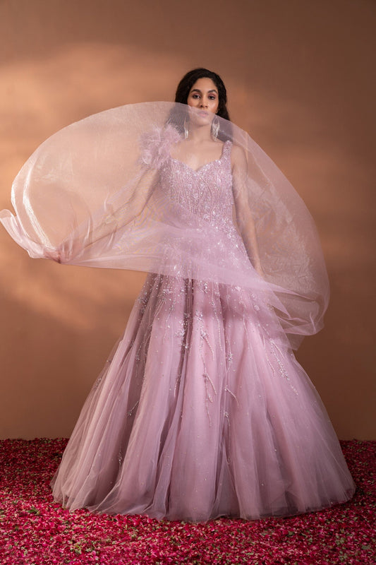 Dusty Pink Sequins Embroidered Flared Gown