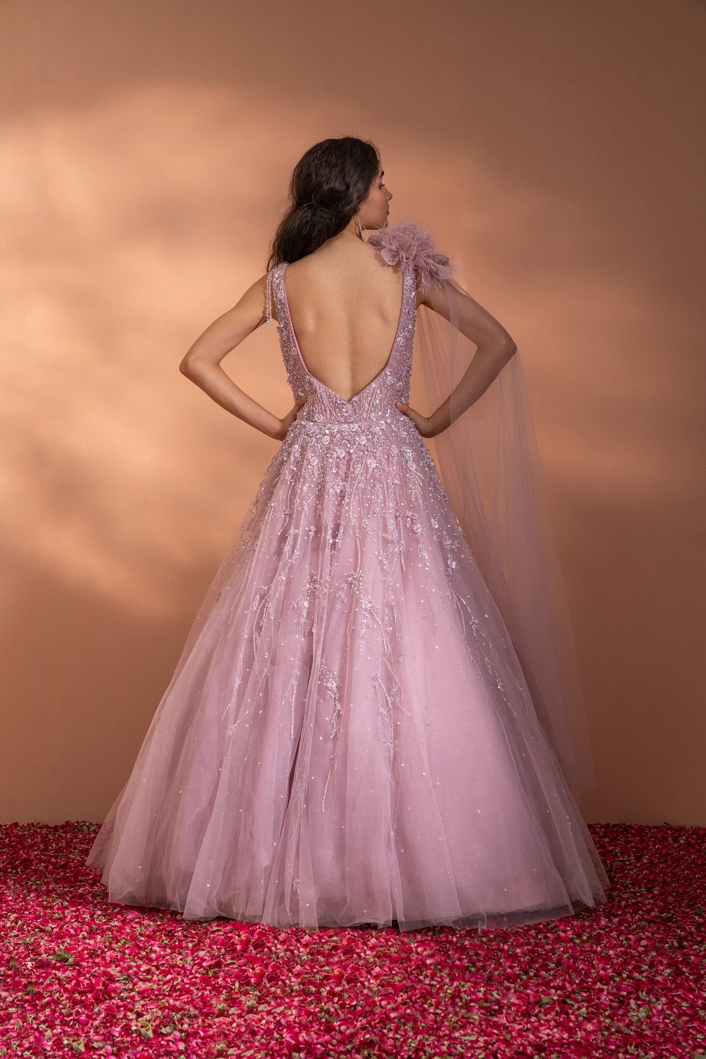 Dusty Pink Sequins Embroidered Flared Gown