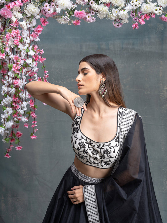 Ivory And Black Hand Block Printed & Embroidered Lehenga Set