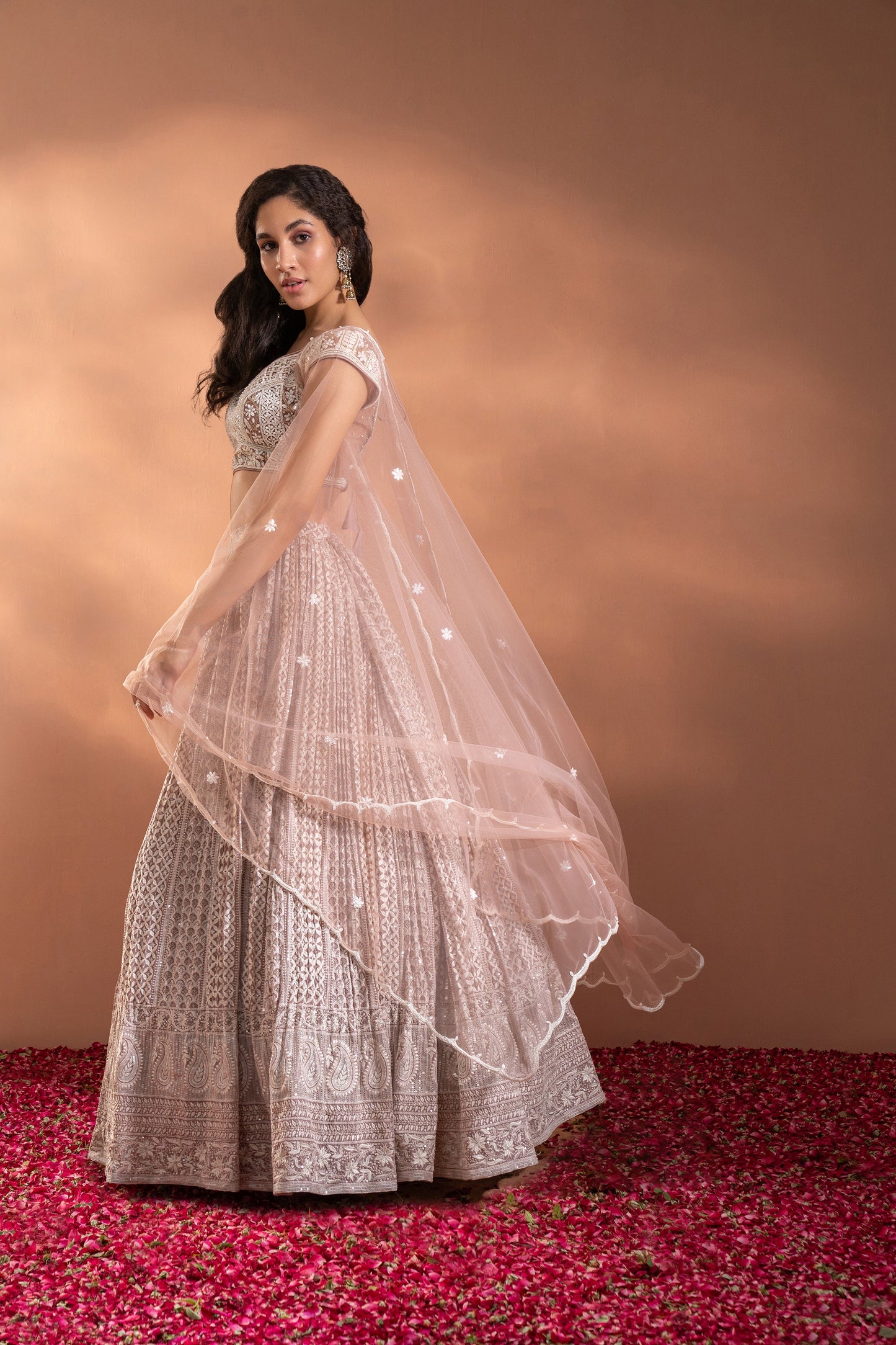 Nude Pink Lehenga Set in Net & Satin.