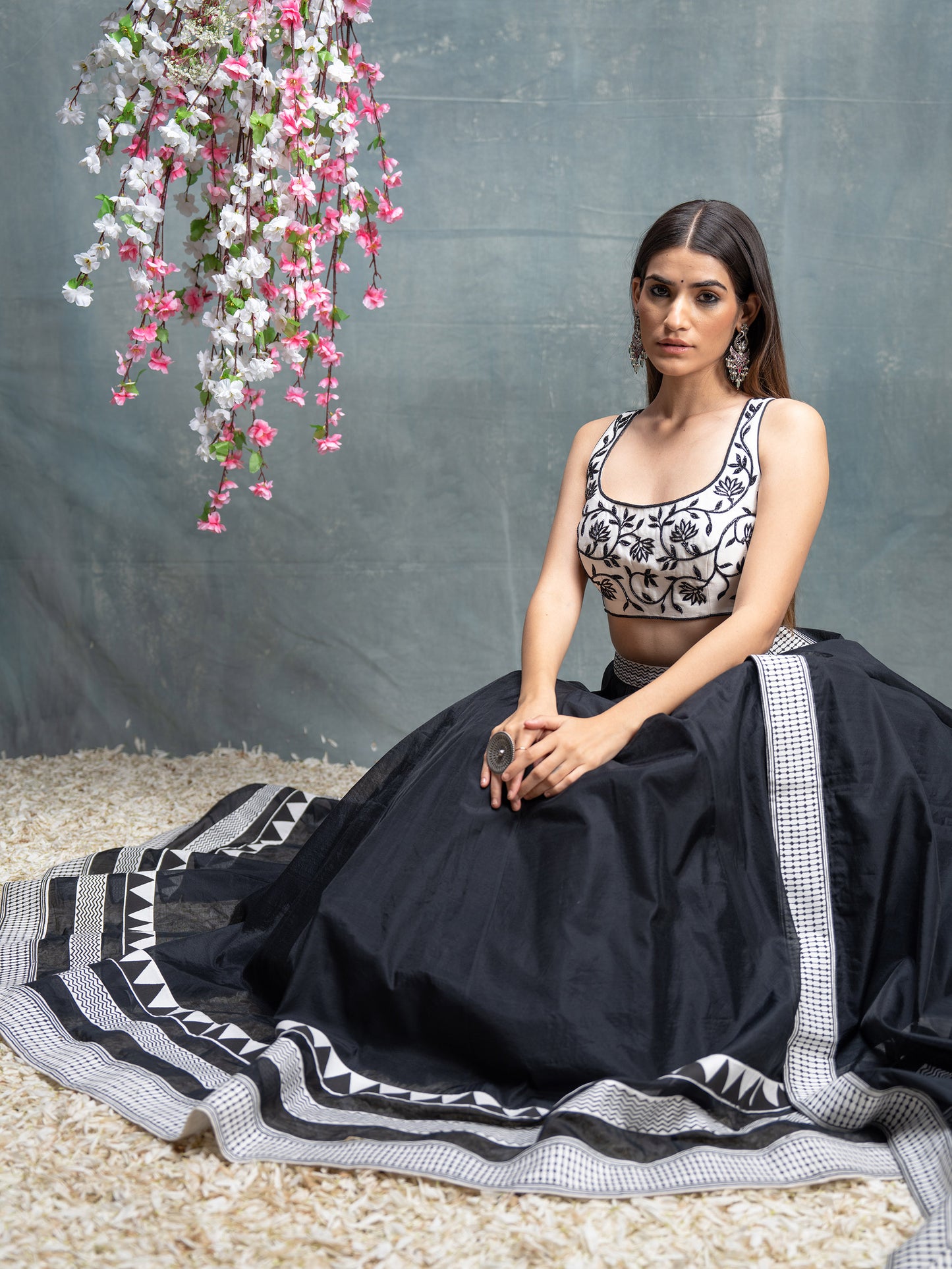 Ivory And Black Hand Block Printed & Embroidered Lehenga Set