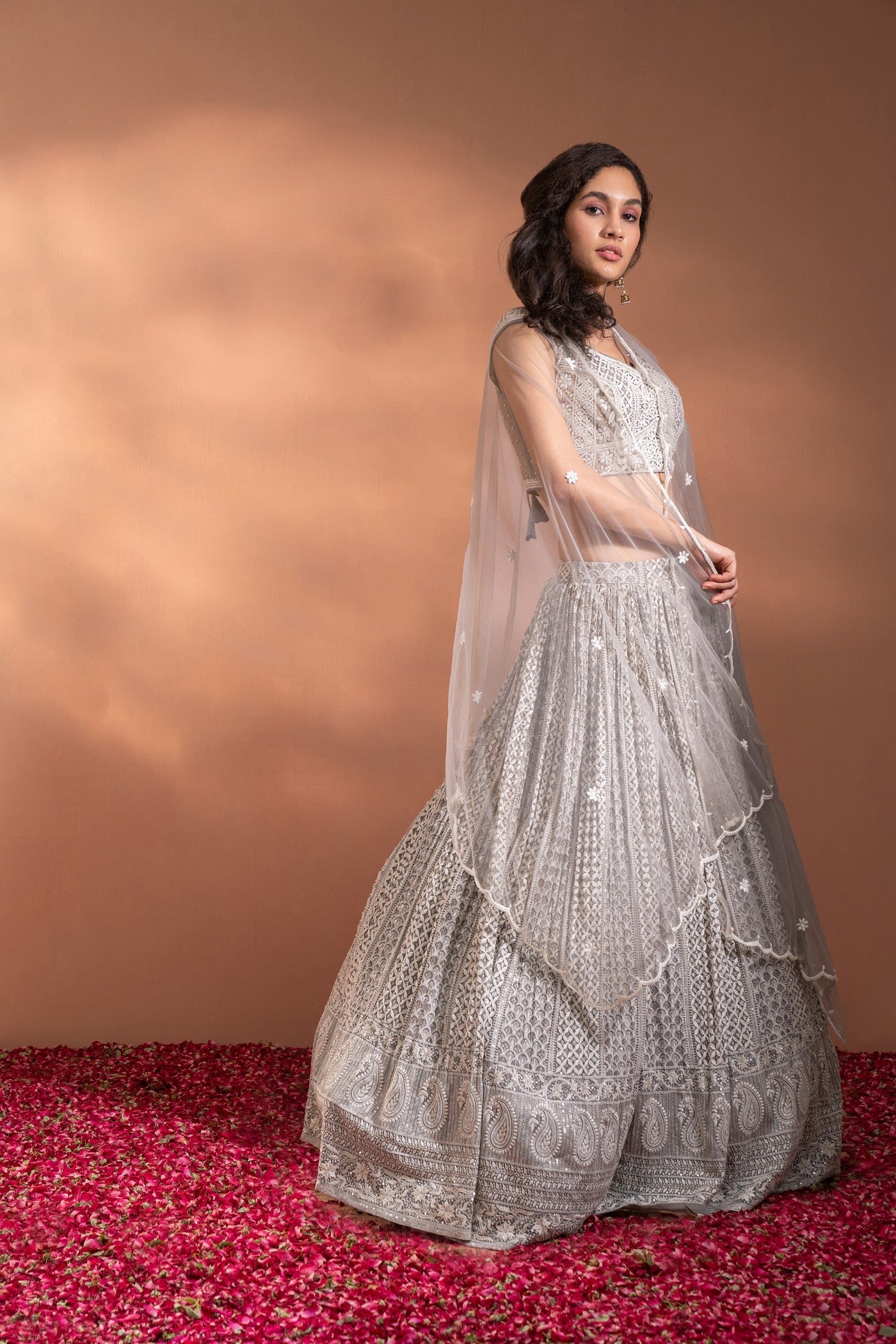 Smoke Grey Lehenga Set in Net & Satin.