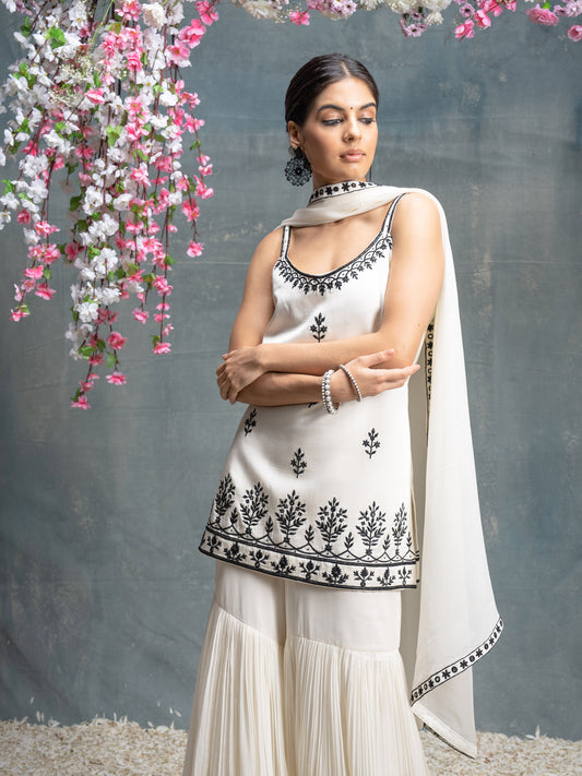 Ivory And Black Gharara Set With Mirror And Dori Work Embroidery