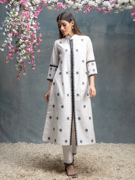 Ivory And Black All Over Embroidered Motifs Kurta Pant Set