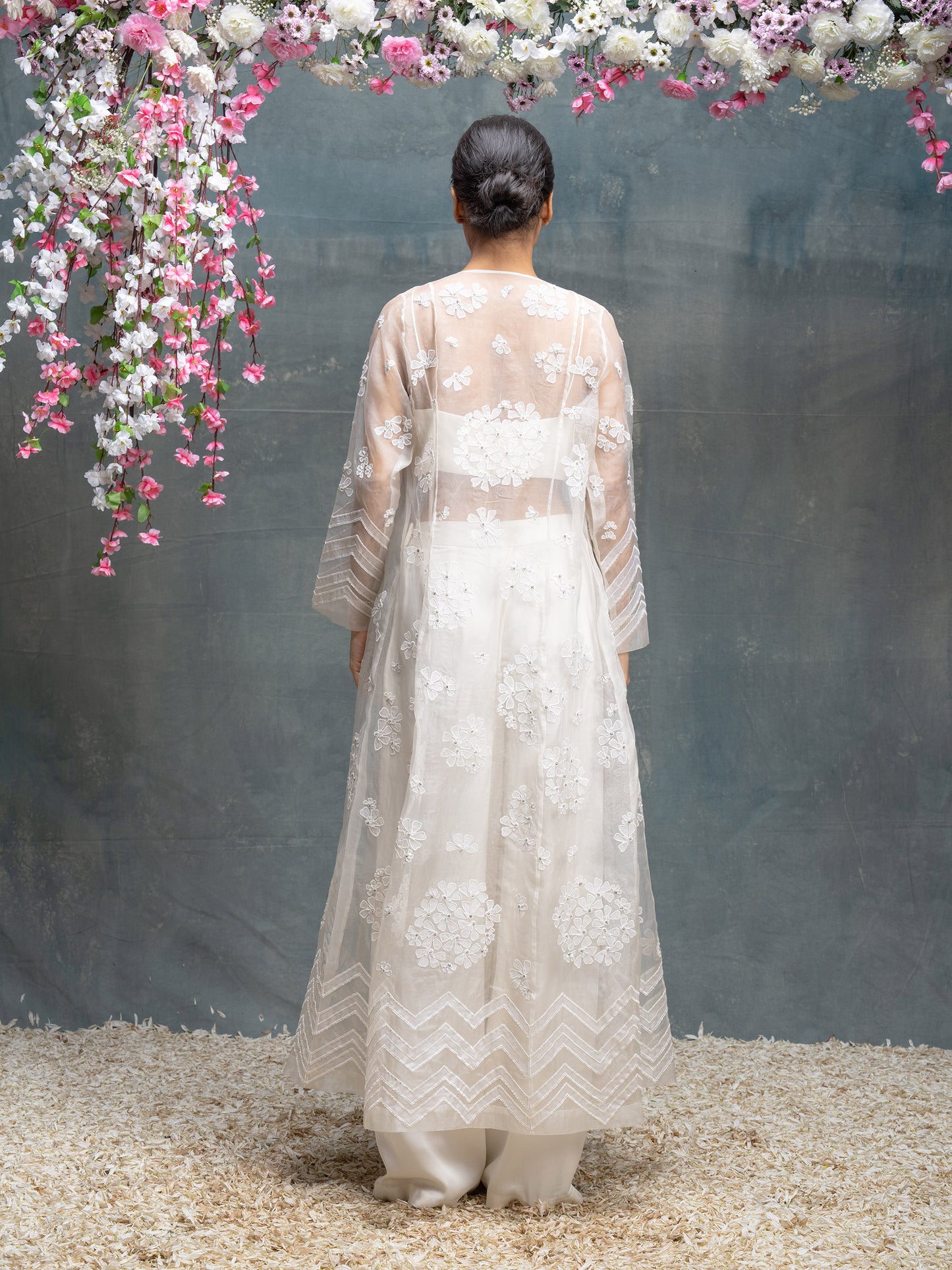 Ivory Organza Hand Applique Work Jacket Set With Bustier And Palazzo Pants