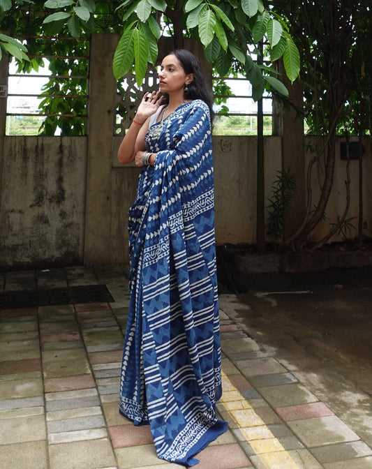 Indigo Series - Blue Handblock Dabu in Natural Dyes - Cotton Mulmul Saree